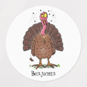 Funny brown farmyard turkey met vliegende cartoon labels (Design 2)