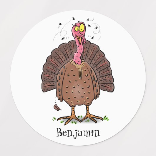 Funny brown farmyard turkey met vliegende cartoon labels (Design 1)