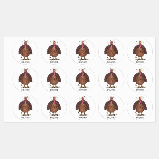 Funny brown farmyard turkey met vliegende cartoon labels (Vel)