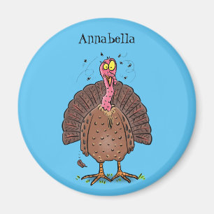 Funny brown farmyard turkey met vliegende cartoon magneet