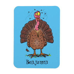 Funny brown farmyard turkey met vliegende cartoon magneet