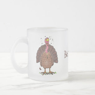 Funny brown farmyard turkey met vliegende cartoon matglas koffiemok