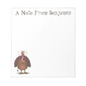 Funny brown farmyard turkey met vliegende cartoon notitieblok (Voorkant)