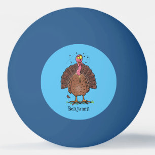 Funny brown farmyard turkey met vliegende cartoon pingpongballen