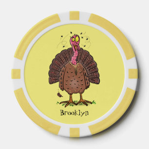 Funny brown farmyard turkey met vliegende cartoon poker chips
