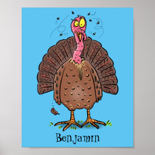 Funny brown farmyard turkey met vliegende cartoon poster