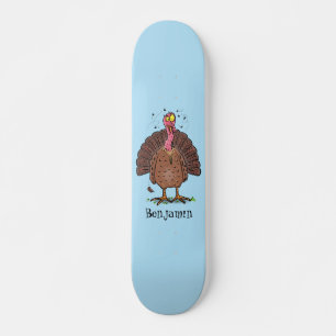 Funny brown farmyard turkey met vliegende cartoon skateboard