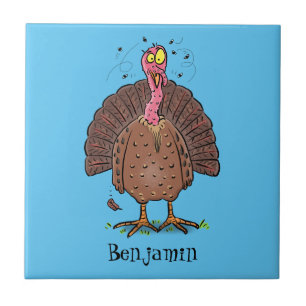 Funny brown farmyard turkey met vliegende cartoon tegeltje