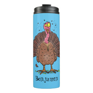 Funny brown farmyard turkey met vliegende cartoon thermosbeker