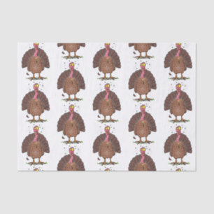 Funny brown farmyard turkey met vliegende cartoon tissuepapier