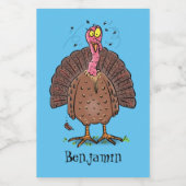 Funny brown farmyard turkey met vliegende cartoon voedselcontainer etiket (Enkel label)