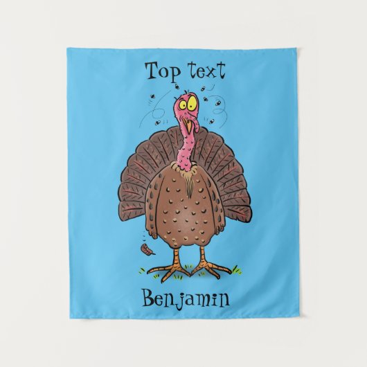 Funny brown farmyard turkey met vliegende cartoon wandkleed (Voorkant)