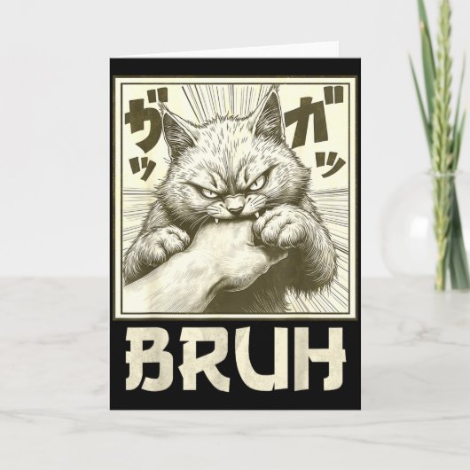 Funny Bruh Cat Bite Graphic Tee Japanese Anime Cat Kaart (Voorkant)