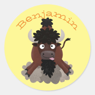 Funny buffalo bison cartoon illustratie ronde sticker