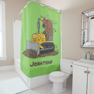 Funny bull Driving Bulldozer cartoon Douchegordijn