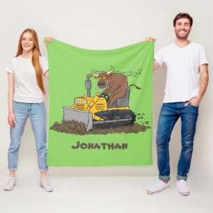 Funny bull Driving Bulldozer cartoon Fleece Deken
