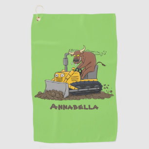 Funny bull Driving Bulldozer cartoon Golfhanddoek
