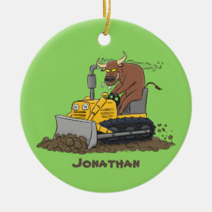 Funny bull Driving Bulldozer cartoon Keramisch Ornament