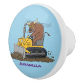 Funny bull Driving Bulldozer cartoon Keramische Knop (Rechts)