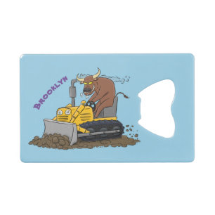 Funny bull Driving Bulldozer cartoon Kredietkaart Flessenopener