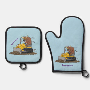 Funny bull Driving Bulldozer cartoon Ovenwant & Pannenlap Set