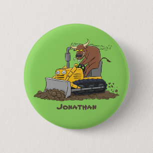 Funny bull Driving Bulldozer cartoon Ronde Button 5,7 Cm