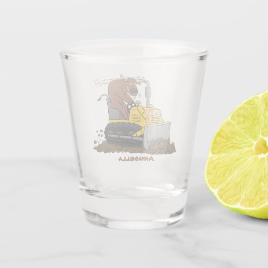 Funny bull Driving Bulldozer cartoon Shot Glas (Achterkant)
