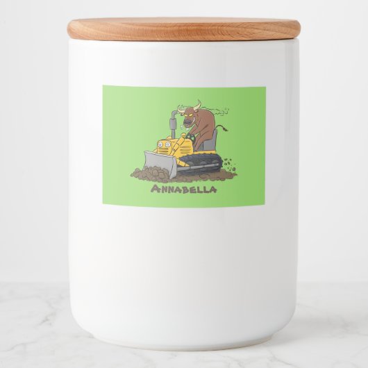 Funny bull Driving Bulldozer cartoon Voedselcontainer Etiket (Voorkant)