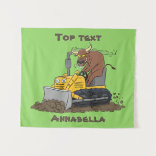 Funny bull Driving Bulldozer cartoon Wandkleed