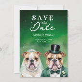 Funny Bulldog Wedding Couple Cartoon Green Shades Save The Date (Voorkant)