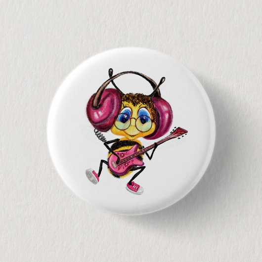 Funny Button met Guitar Player Bee (Voorkant)