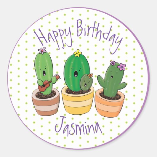 Funny cactus trio cartoon illustratie ronde sticker (Voorkant)