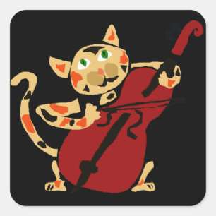 Funny Calico Cat Spelen Cello Art Cartoon Vierkante Sticker