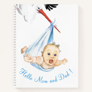 Funny Carnet Stork portant bébé - Texte personnali