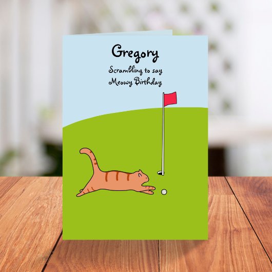 Funny Cartoon Cat Scramble Golf Joke Verjaardag Kaart