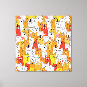 Funny Cartoon Cats Group Doodle Canvas Afdruk