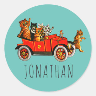  Funny Cartoon Cats Kittens in Classic Car Ronde Sticker