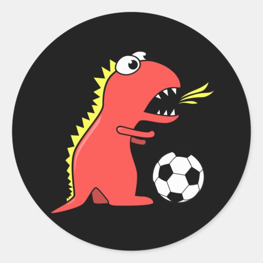 Funny Cartoon Dinosaur die Soccer Black speelt Ronde Sticker (Voorkant)