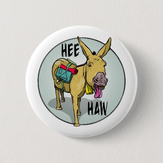 FUNNY CARTOON DONKEY HEE HAW RONDE BUTTON 5,7 CM (Voorkant)