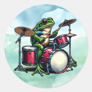 Funny Cartoon Frog Spelen De Drums Ronde Sticker