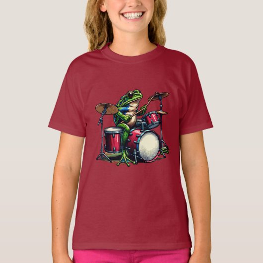 Funny Cartoon Frog Spelen De Drums T-shirt (Voorkant)