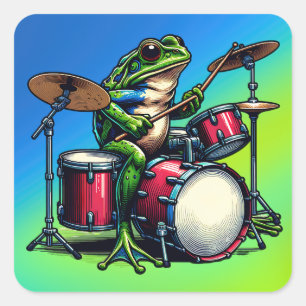 Funny Cartoon Frog Spelen De Drums Vierkante Sticker