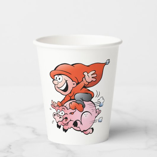 Funny Cartoon Gnome Riding Flying Pig Papieren Bekers (Voorkant)