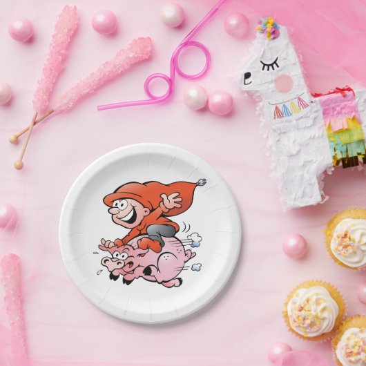 Funny Cartoon Gnome Riding Flying Pig Papieren Bordje (Feest)
