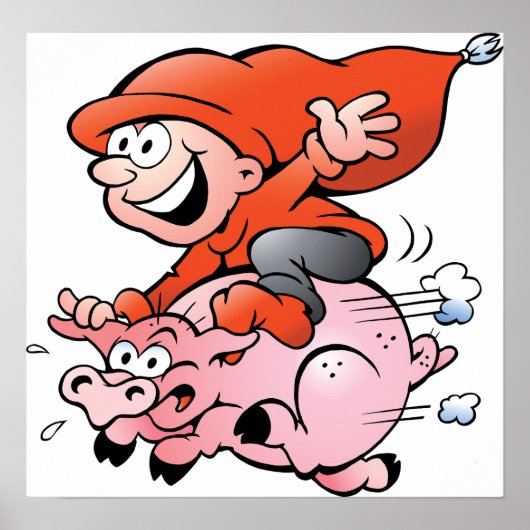 Funny Cartoon Gnome Riding Flying Pig Poster (Voorkant)