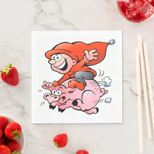 Funny Cartoon Gnome Riding Flying Pig Servet
