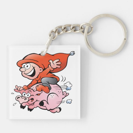 Funny Cartoon Gnome Riding Flying Pig Sleutelhanger (Achterkant)