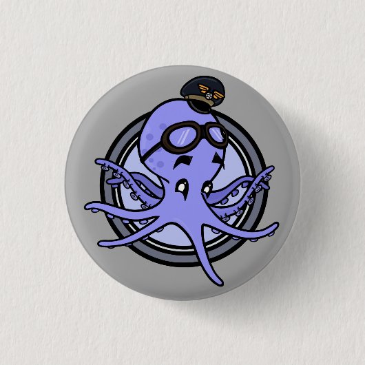 FUNNY CARTOON OCTOPUS PILOT ROUND PIN-BACK BUTTON (Voorkant)