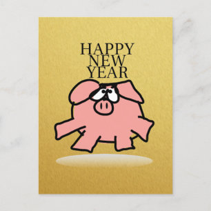 Funny Cartoon Pig Year Golden G briefkaart