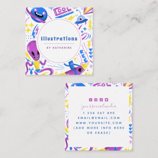 Funny Cartoon Style Illustration Graphic Designer Vierkante Visitekaartje (Voorkant / Achterkant)